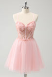 Pink A Line Corset Tulle Beaded Homecoming Dress