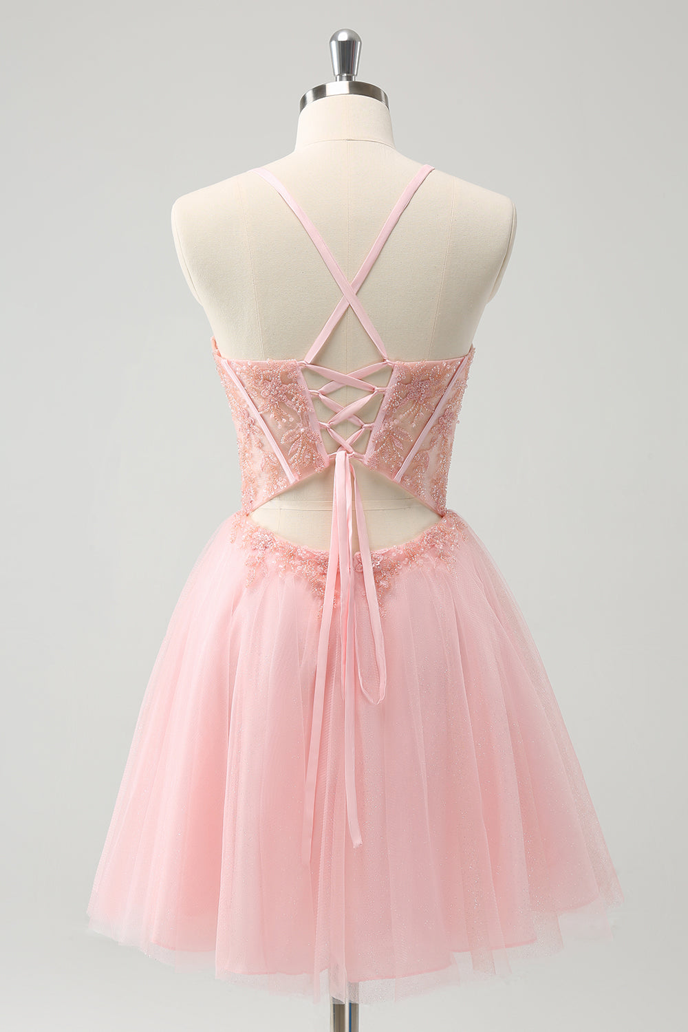 Pink A Line Corset Tulle Beaded Homecoming Dress