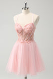 Pink A Line Corset Tulle Beaded Homecoming Dress