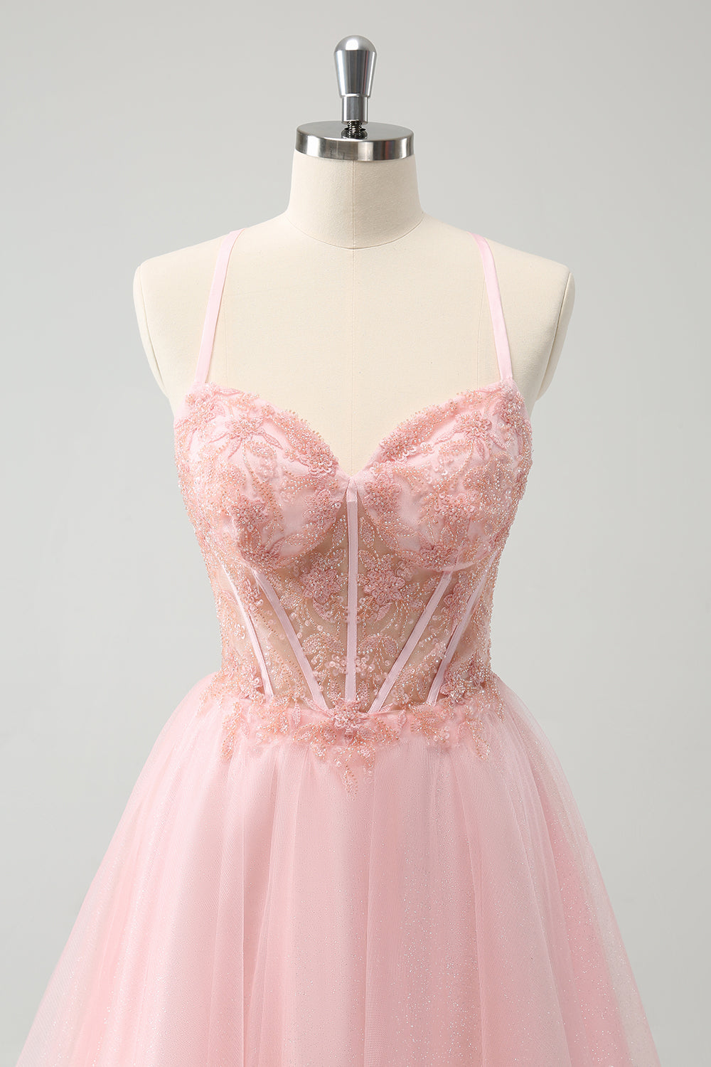 Pink A Line Corset Tulle Beaded Homecoming Dress