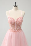 Pink A Line Corset Tulle Beaded Homecoming Dress