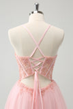 Pink A Line Corset Tulle Beaded Homecoming Dress