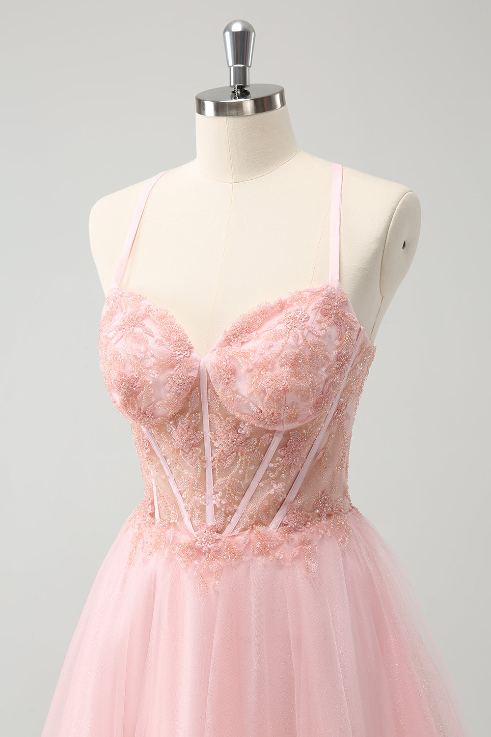 Pink A Line Corset Tulle Beaded Homecoming Dress