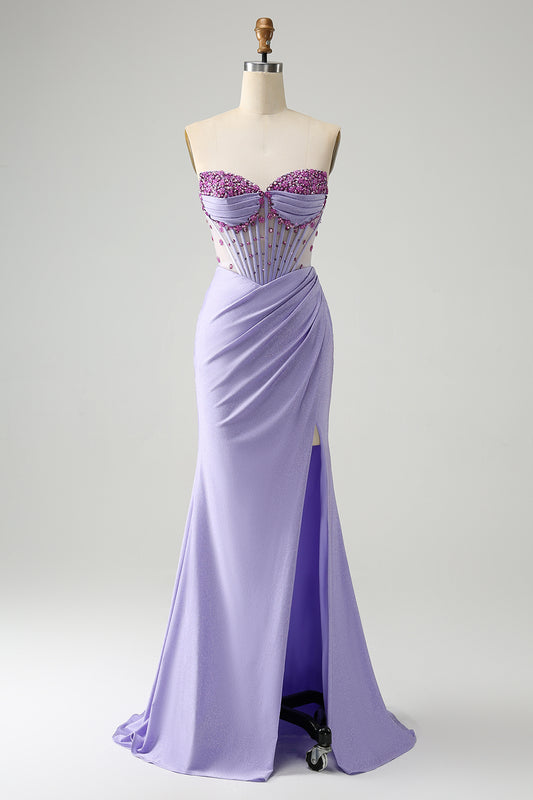 Light Purple Mermaid Strapless Prom Dress with Slit