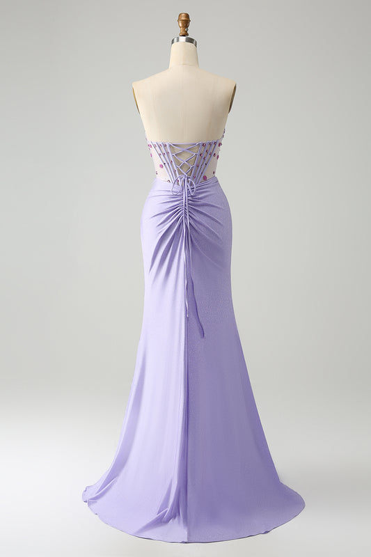 Light Purple Mermaid Strapless Prom Dress with Slit