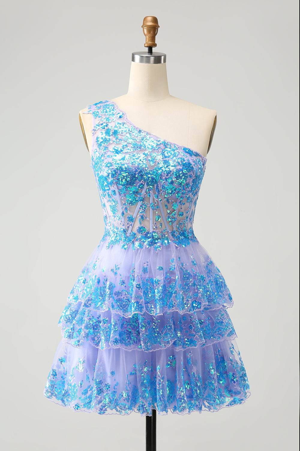 Sparkly A Line Light Blue One Shoulder Tiered Sequined Homecoming Dress