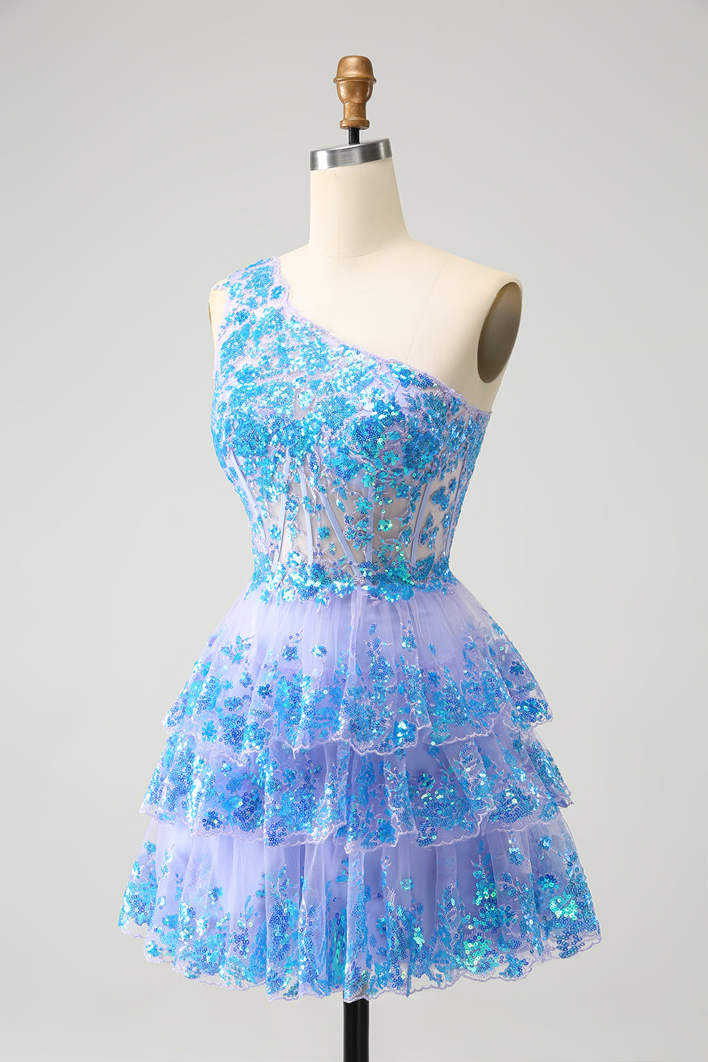 Sparkly A Line Light Blue One Shoulder Tiered Sequined Homecoming Dress