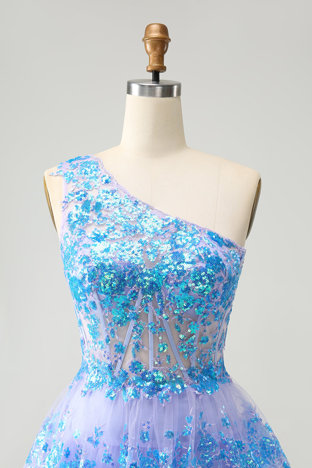 Sparkly A Line Light Blue One Shoulder Tiered Sequined Homecoming Dress