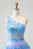 Sparkly A Line Light Blue One Shoulder Tiered Sequined Homecoming Dress