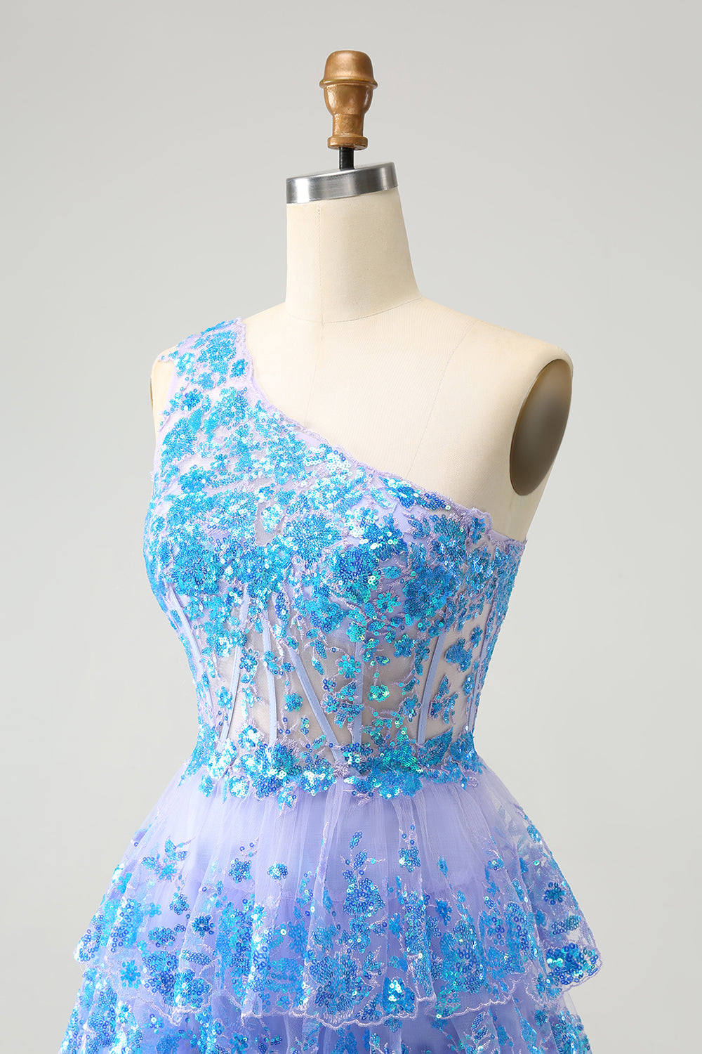 Sparkly A Line Light Blue One Shoulder Tiered Sequined Homecoming Dress