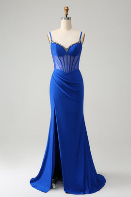 Royal Blue Mermaid Beaded Corset Long Prom Dress with Slit