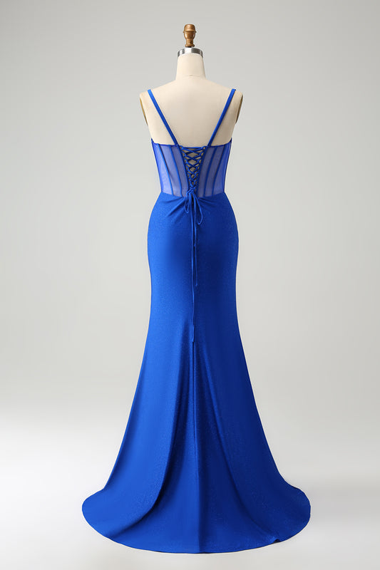 Royal Blue Mermaid Beaded Corset Long Prom Dress with Slit