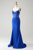 Royal Blue Mermaid Beaded Corset Long Prom Dress with Slit