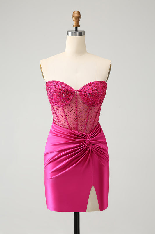 Sparkly Fuchsia Corset Sweetheart Beaded Tight Short Homecoming Dress