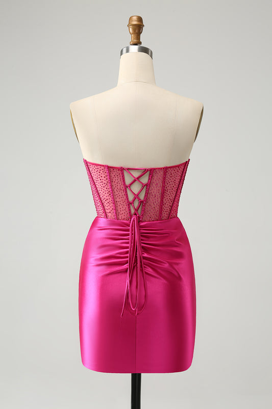 Sparkly Fuchsia Corset Sweetheart Beaded Tight Short Homecoming Dress