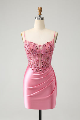 Pink Corset Spaghetti Straps Tight Homecoming Dress with Appliques