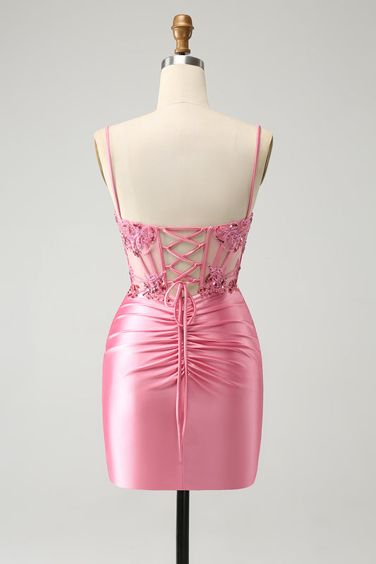 Pink Corset Spaghetti Straps Tight Homecoming Dress with Appliques