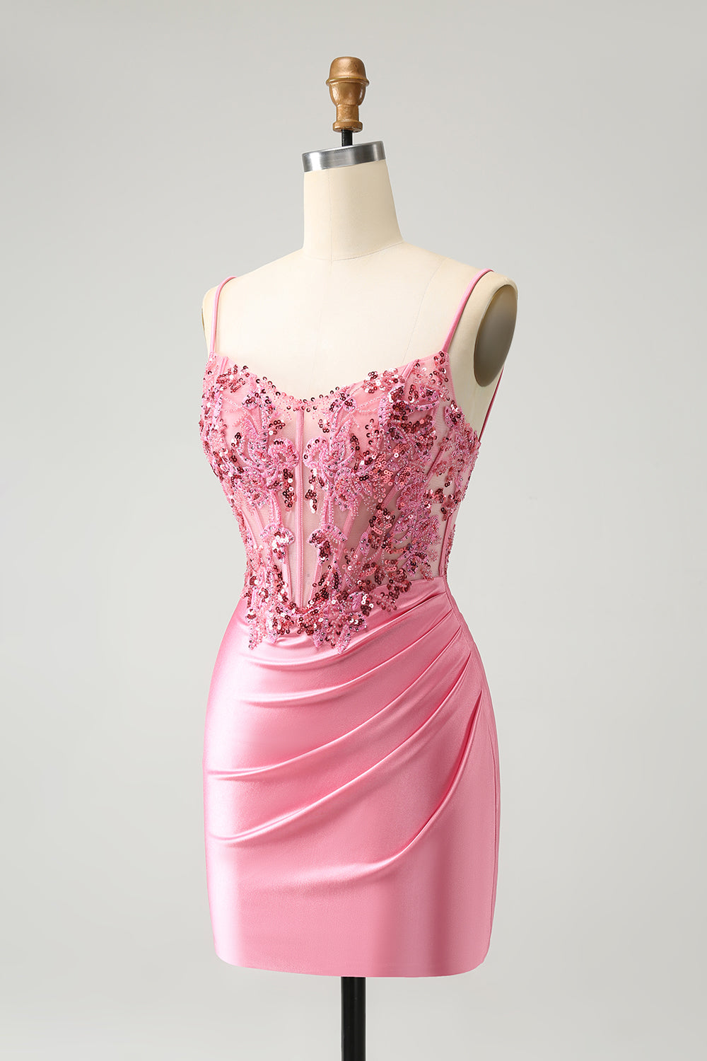 Pink Corset Spaghetti Straps Tight Homecoming Dress with Appliques