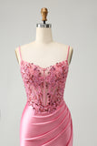 Pink Corset Spaghetti Straps Tight Homecoming Dress with Appliques