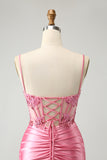 Pink Corset Spaghetti Straps Tight Homecoming Dress with Appliques