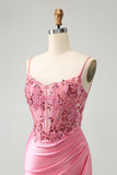 Pink Corset Spaghetti Straps Tight Homecoming Dress with Appliques