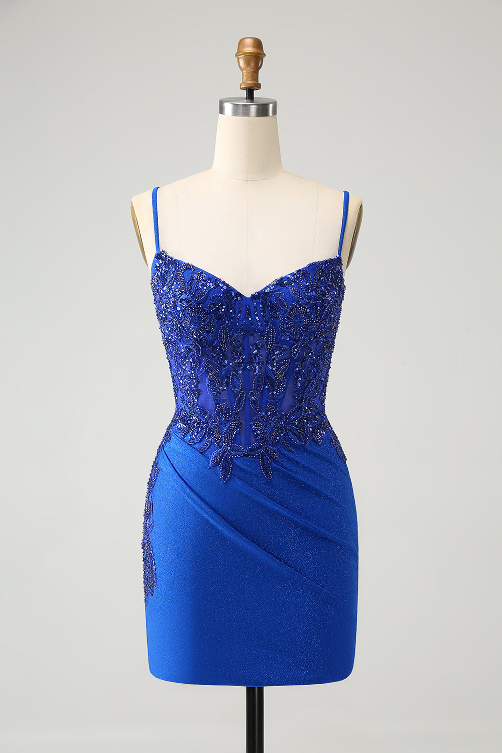 Royal Blue Beaded Embroidery Tight Spaghetti Straps Homecoming Dress