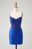 Royal Blue Beaded Embroidery Tight Spaghetti Straps Homecoming Dress