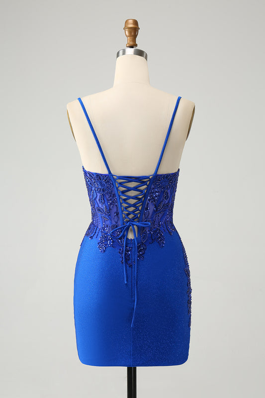 Royal Blue Beaded Embroidery Tight Spaghetti Straps Homecoming Dress