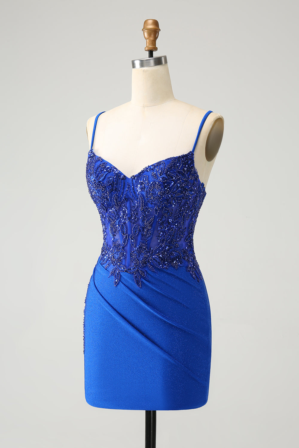 Royal Blue Beaded Embroidery Tight Spaghetti Straps Homecoming Dress