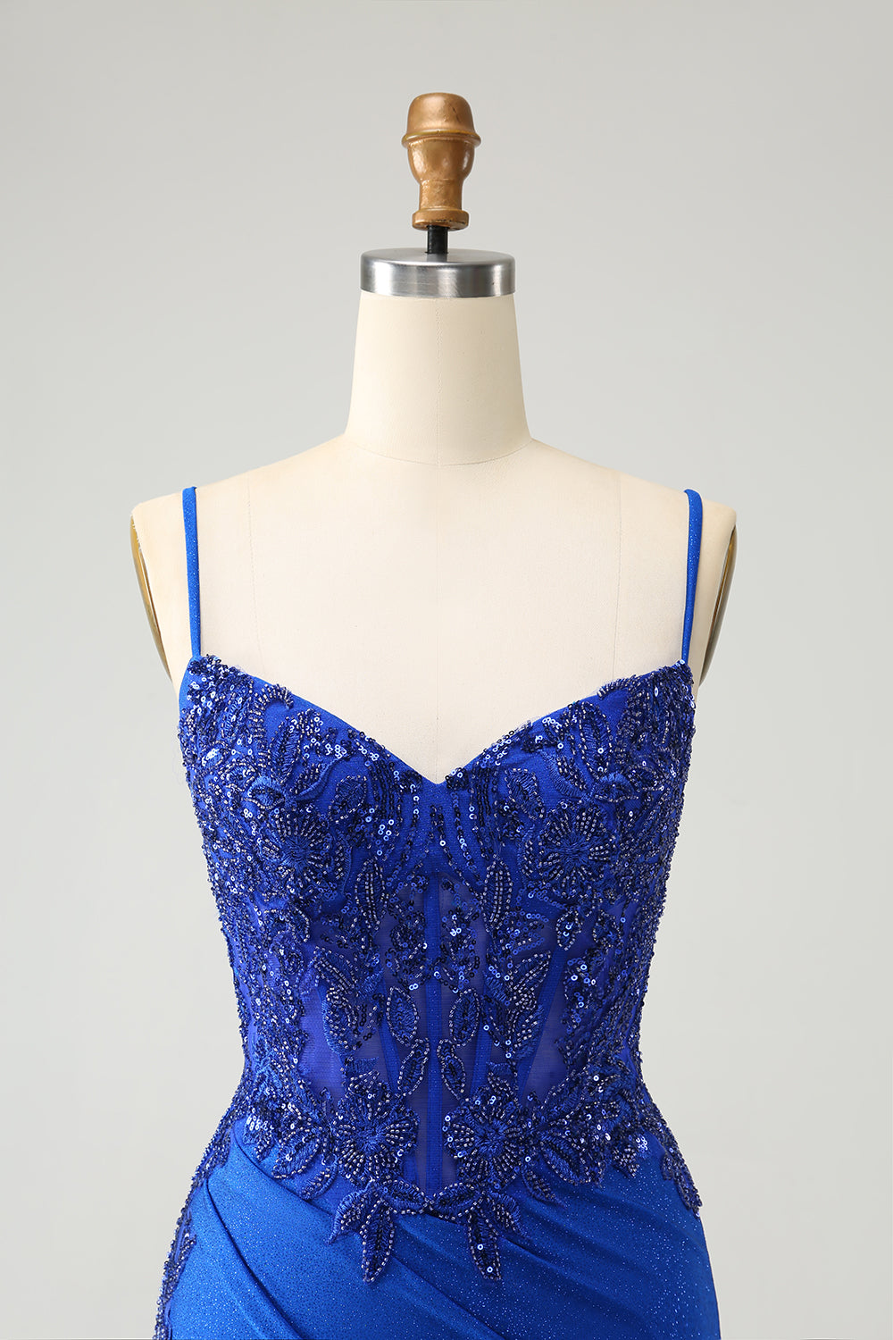 Royal Blue Beaded Embroidery Tight Spaghetti Straps Homecoming Dress