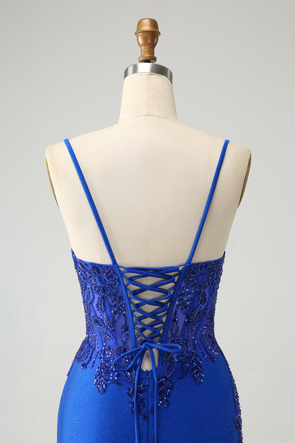 Royal Blue Beaded Embroidery Tight Spaghetti Straps Homecoming Dress