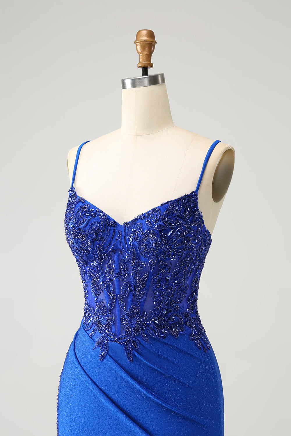 Royal Blue Beaded Embroidery Tight Spaghetti Straps Homecoming Dress