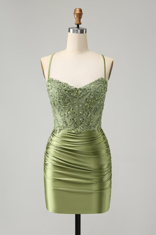 Light Green Appliqued Tight Spaghetti Straps Homecoming Dress