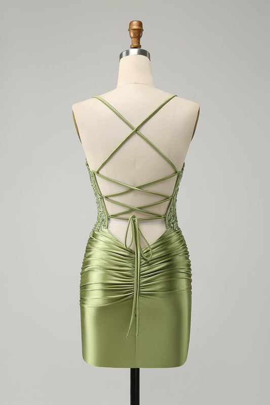 Light Green Appliqued Tight Spaghetti Straps Homecoming Dress