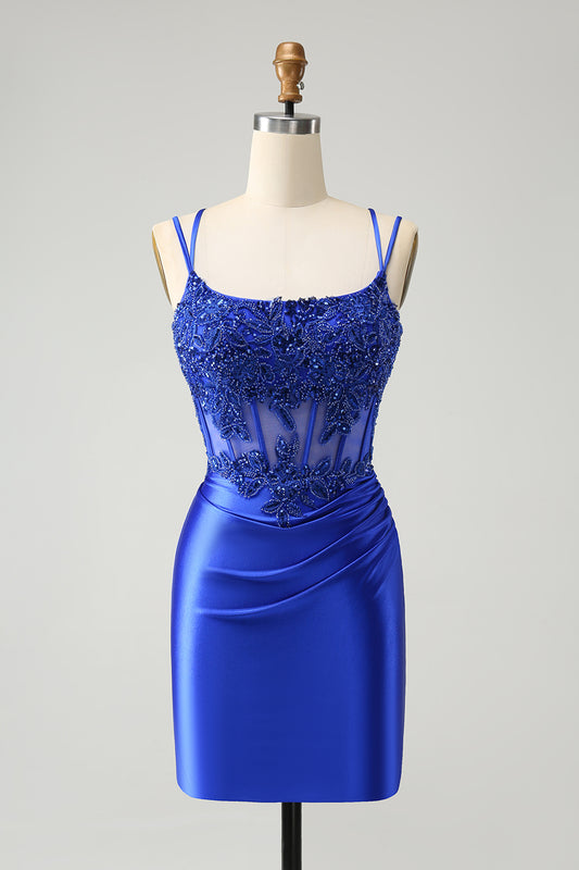 Royal Blue Corset Appliqued Spaghetti Straps Tight Homecoming Dress