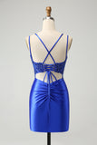 Royal Blue Corset Appliqued Spaghetti Straps Tight Homecoming Dress