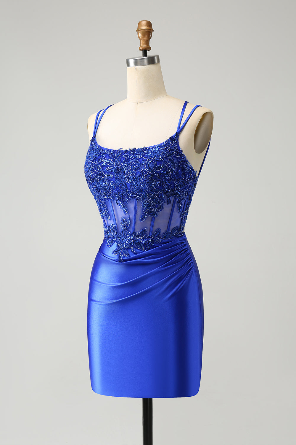 Royal Blue Corset Appliqued Spaghetti Straps Tight Homecoming Dress