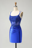 Royal Blue Corset Appliqued Spaghetti Straps Tight Homecoming Dress