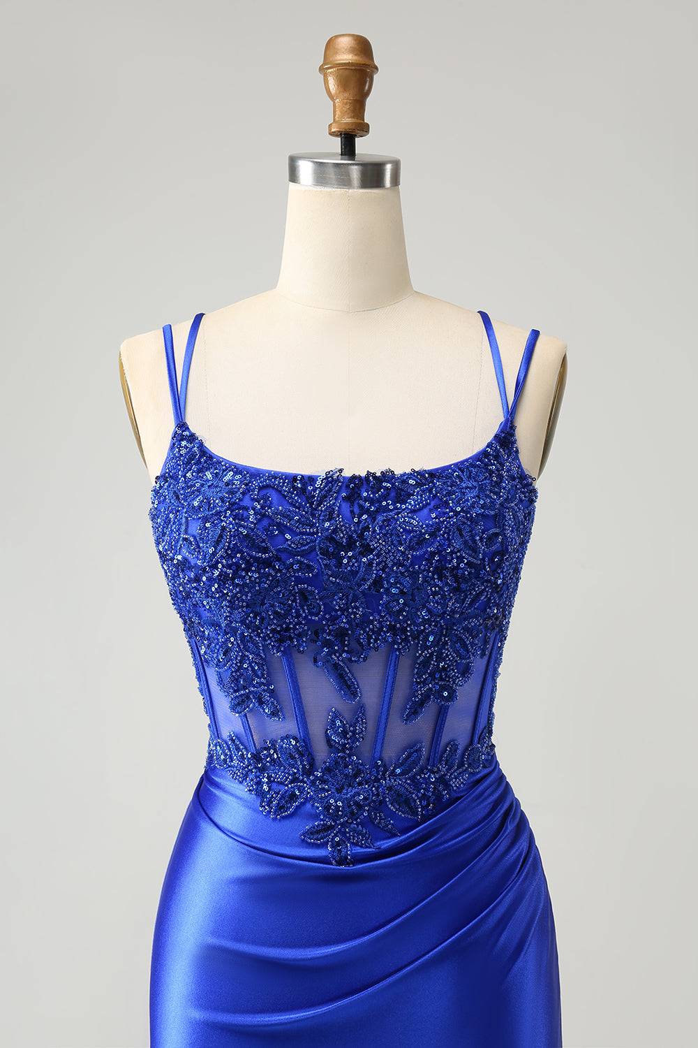 Royal Blue Corset Appliqued Spaghetti Straps Tight Homecoming Dress