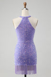 Sparkly Lilac Bodycon Halter Tassel Short Homecoming Dress with Sequins