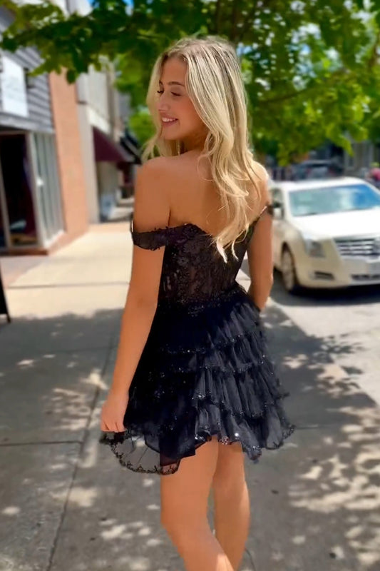 Black A Line Sparkly Off The Shoulder Homecoming Dress