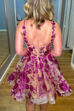 Fuchsia A Line Embroidery Sparkly Homecoming Dress