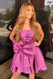 A Line Purple Strapless Homecoming Dress with Big Bow