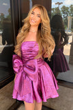 A Line Purple Strapless Homecoming Dress with Big Bow