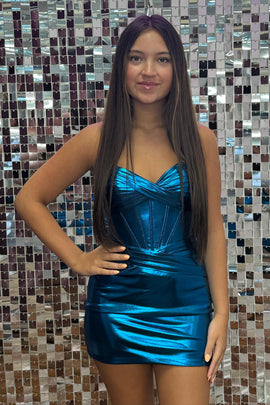 Blue Strapless Tight Homecoming Dress