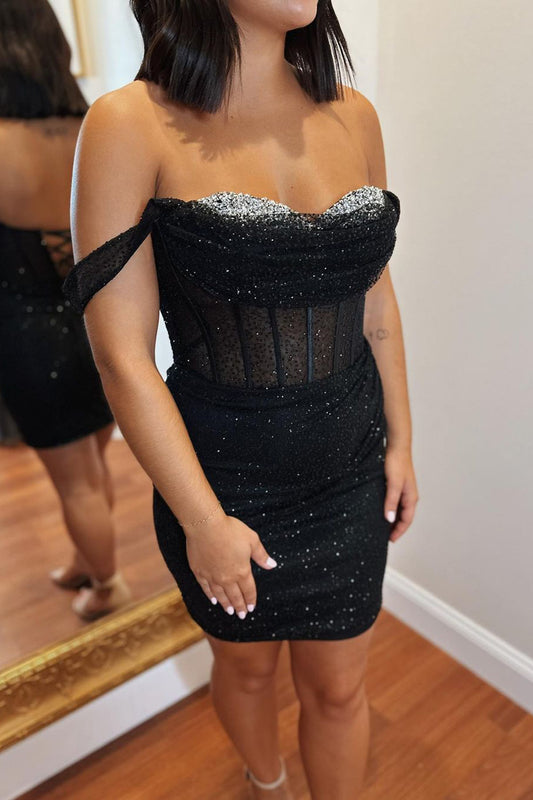 Off The Shoulder Black Sequins Tight Homecoming Dress