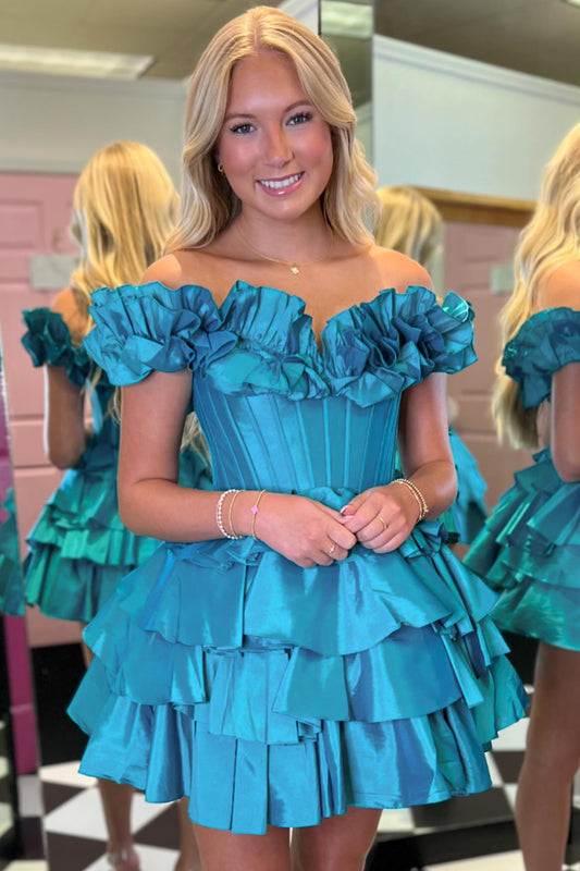 A Line Blue Off The Shoulder Homecoming Dress