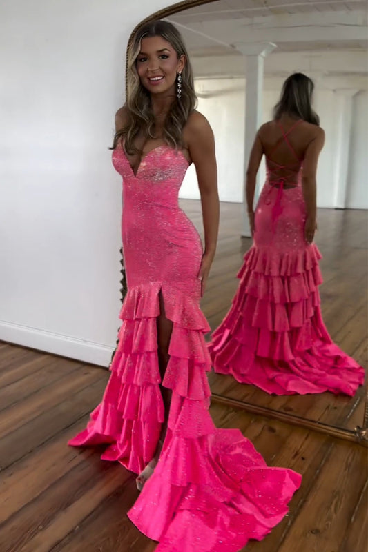 Fuchsia Mermaid Beaded Spaghetti Straps Long Prom Dress