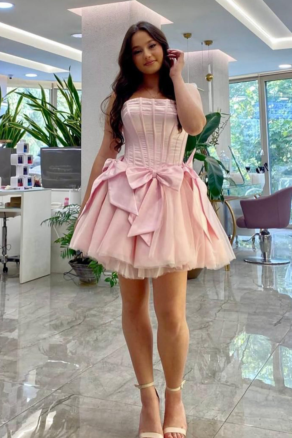 A Line Pink Strapless Homecoming Dress With Bows