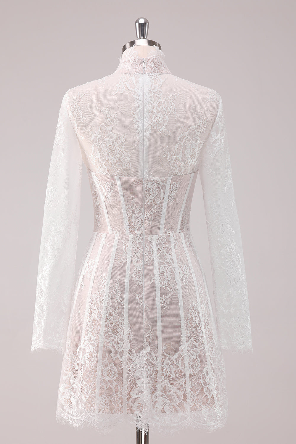 A Line White Lace Homecoming Dress With Long Sleeves